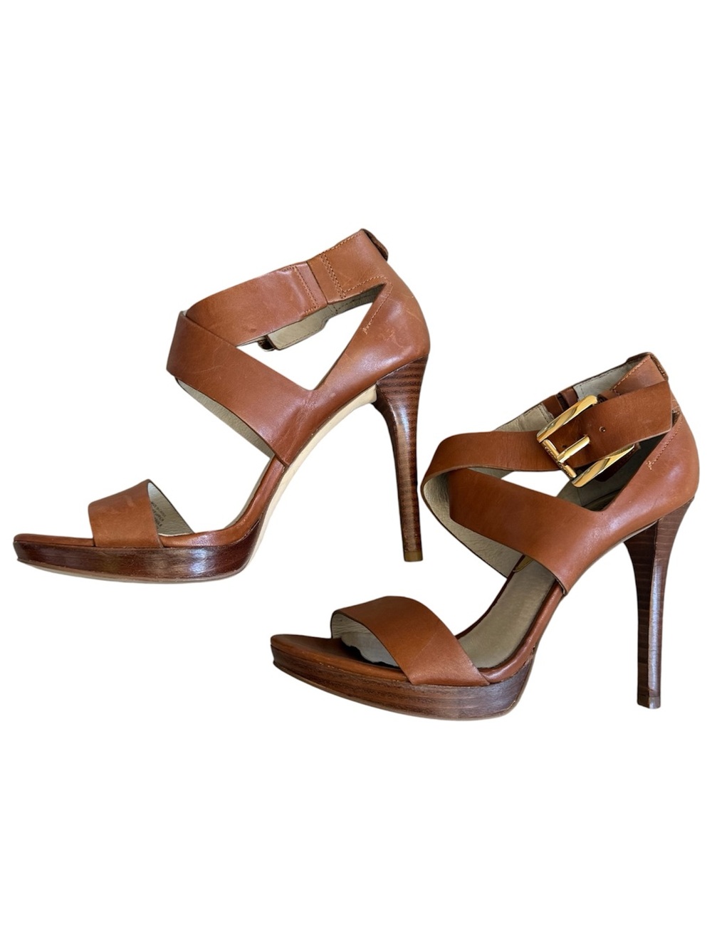 MICHAEL KORS Brown Leather Strappy Platform Heels Size 7M Gold Buckle - Picture 5 of 8